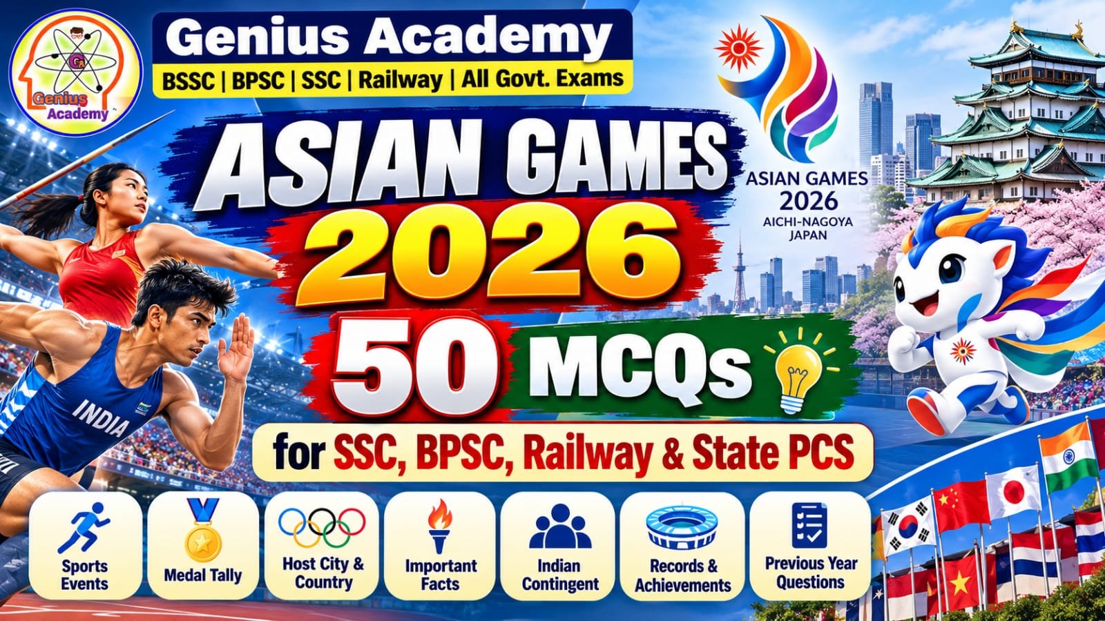 50 MCQs of Asian Games 2026 Part 1 for SSC, BPSC, Railway & State PCS