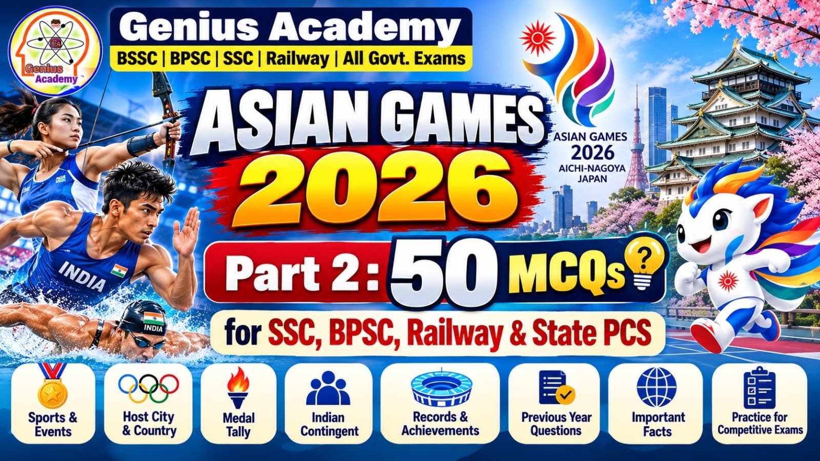 50 MCQs of Asian Games 2026 Part 2 for SSC, BPSC, Railway & State PCS